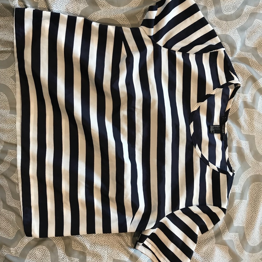 white and navy striped top